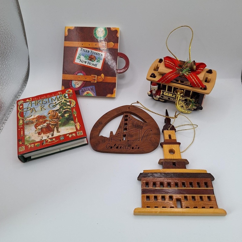 Lot of 5 Vintage Ornaments Books, Buildings, Train Car Wood Christmas Carols